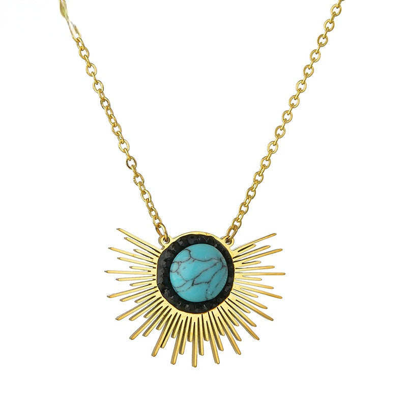 Venta al por mayor Collar colgante de turquesa de girasol de acero de titanio